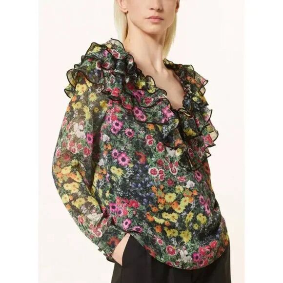 NWOT New Ted Baker Amell Black Multi-Colored Floral Ruffle Blouse US 6/M (TB 2) - Picture 1 of 16